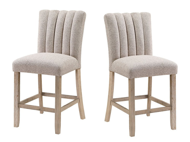 Set of Two 26" Beige and Natural Solid Manufactured Wood Fabric and Wood Bar Height Bar Chairs