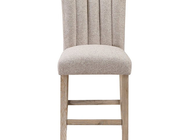 Set of Two 26" Beige and Natural Solid Manufactured Wood Fabric and Wood Bar Height Bar Chairs