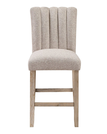 Set of Two 26" Beige and Natural Solid Manufactured Wood Fabric and Wood Bar Height Bar Chairs