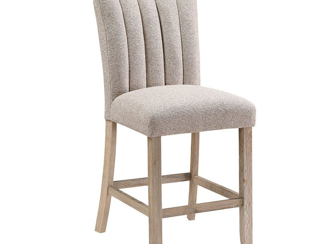 Set of Two 26" Beige and Natural Solid Manufactured Wood Fabric and Wood Bar Height Bar Chairs