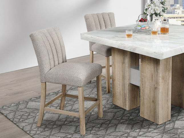 Set of Two 26" Beige and Natural Solid Manufactured Wood Fabric and Wood Bar Height Bar Chairs