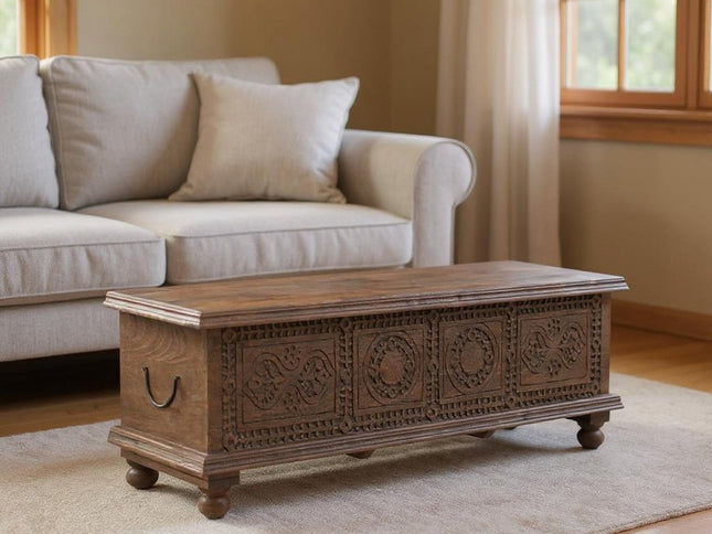 54" Brown Solid Wood Medallion Storage Ottoman