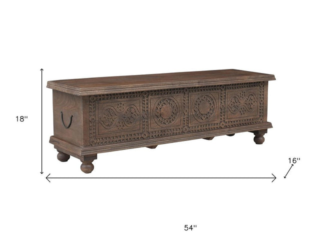 54" Brown Solid Wood Medallion Storage Ottoman