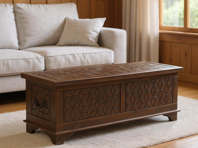 52" Brown Solid Wood Geometric Storage Ottoman