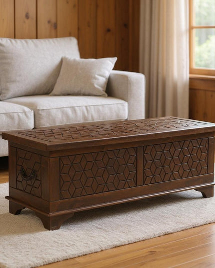 52" Brown Solid Wood Geometric Storage Ottoman