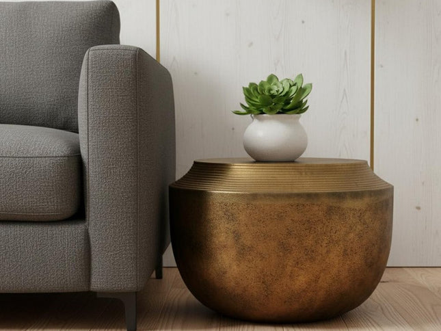 13" Antiqued Brass Aluminum Round Drum End Table