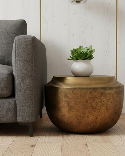 13" Antiqued Brass Aluminum Round Drum End Table