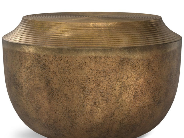 13" Antiqued Brass Aluminum Round Drum End Table