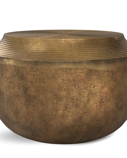 13" Antiqued Brass Aluminum Round Drum End Table