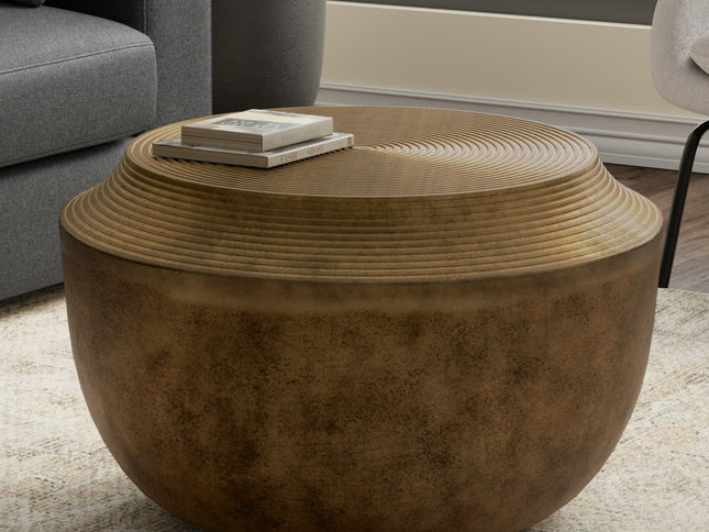 13" Antiqued Brass Aluminum Round Drum End Table