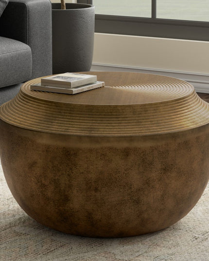 13" Antiqued Brass Aluminum Round Drum End Table