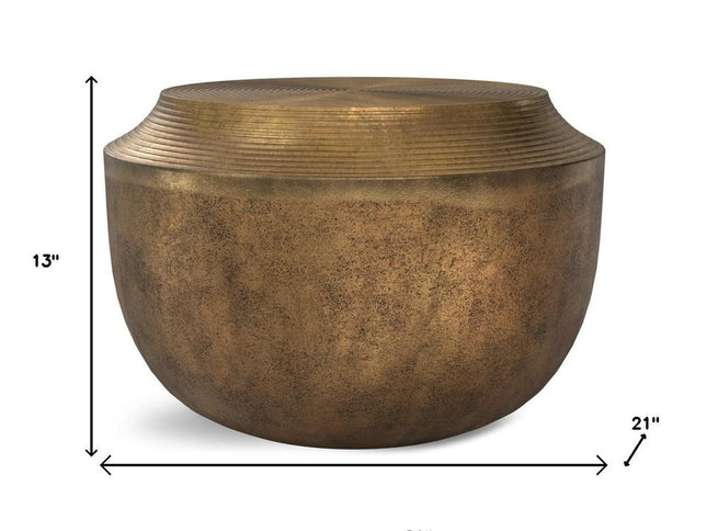 13" Antiqued Brass Aluminum Round Drum End Table