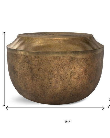 13" Antiqued Brass Aluminum Round Drum End Table