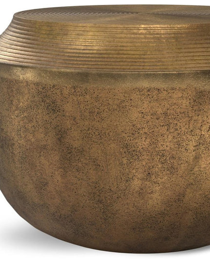 13" Antiqued Brass Aluminum Round Drum End Table