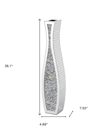 36" Silver Faux Crystal And Mirrored Glass Floor Vase