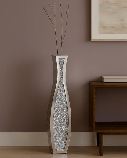 36" Silver Faux Crystal And Mirrored Glass Floor Vase