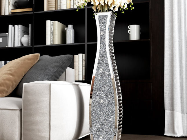 36" Silver Faux Crystal And Mirrored Glass Floor Vase