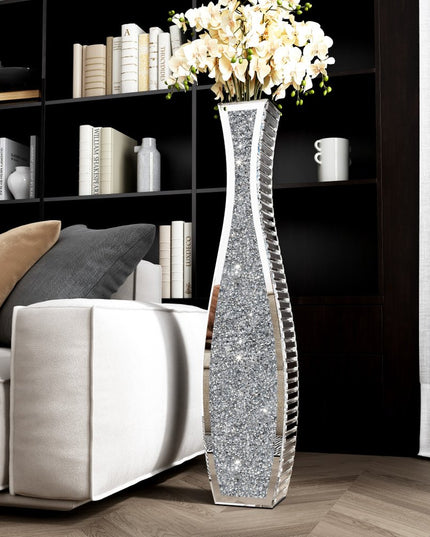 36" Silver Faux Crystal And Mirrored Glass Floor Vase