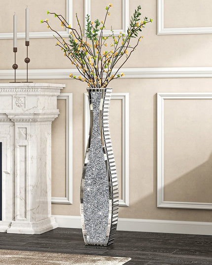 36" Silver Faux Crystal And Mirrored Glass Floor Vase