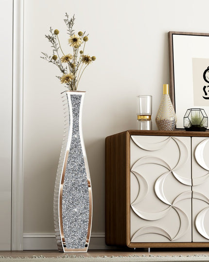 36" Silver Faux Crystal And Mirrored Glass Floor Vase