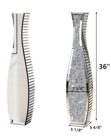 36" Silver Faux Crystal And Mirrored Glass Floor Vase