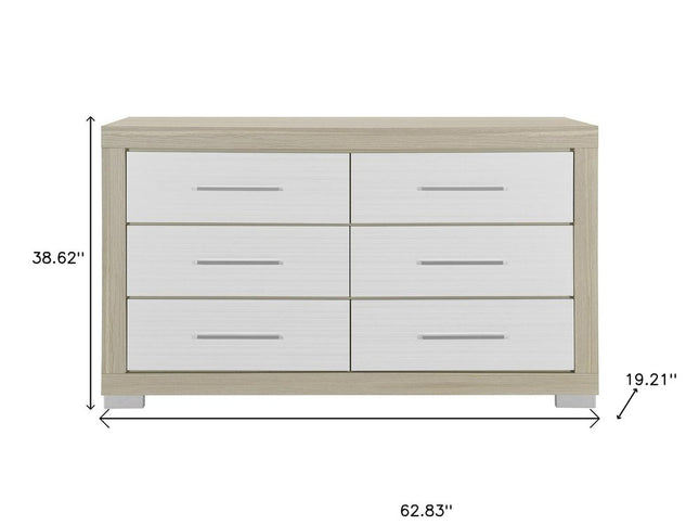 63" Natural And White Wood Six Drawer Double Dresser