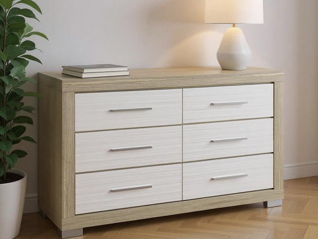 63" Natural And White Wood Six Drawer Double Dresser