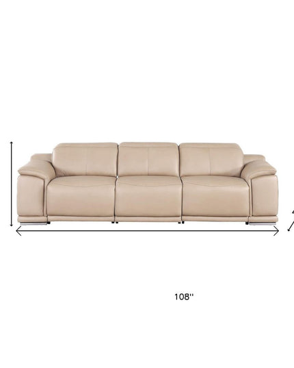 108" Beige Leather Reclining USB Sofa