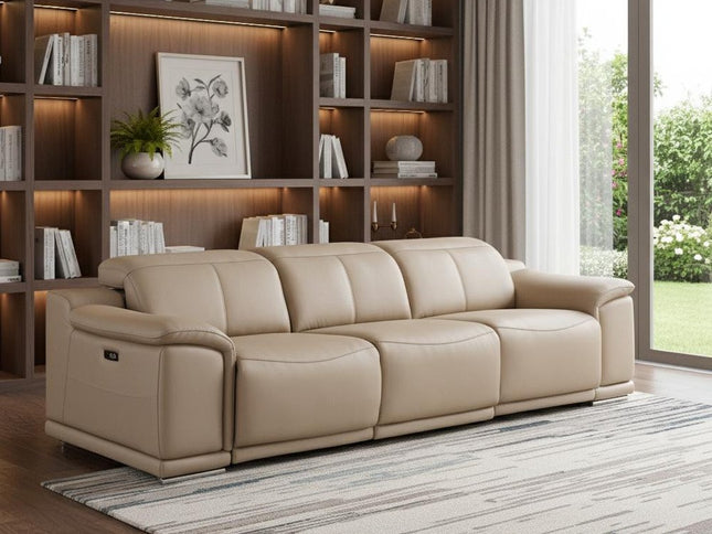 108" Beige Leather Reclining USB Sofa