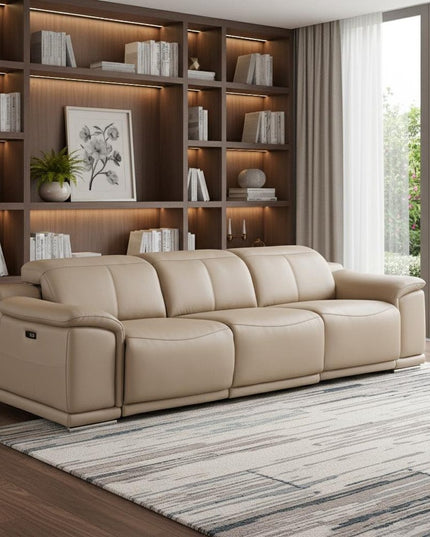 107" Beige Top Grain Leather Reclining USB Sofa