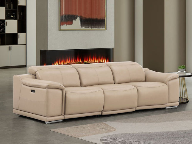 108" Beige Leather Reclining USB Sofa