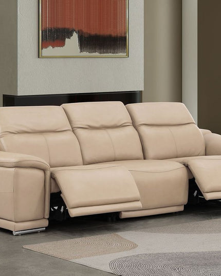108" Beige Leather Reclining USB Sofa