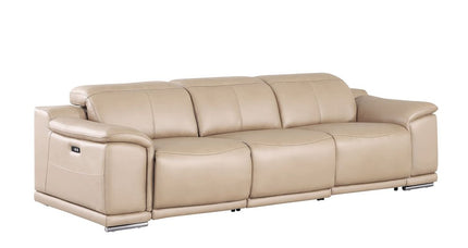 107" Beige Top Grain Leather Reclining USB Sofa