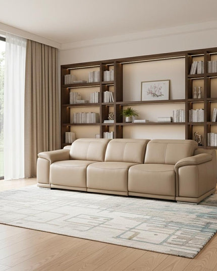 107" Beige Top Grain Leather Reclining USB Sofa