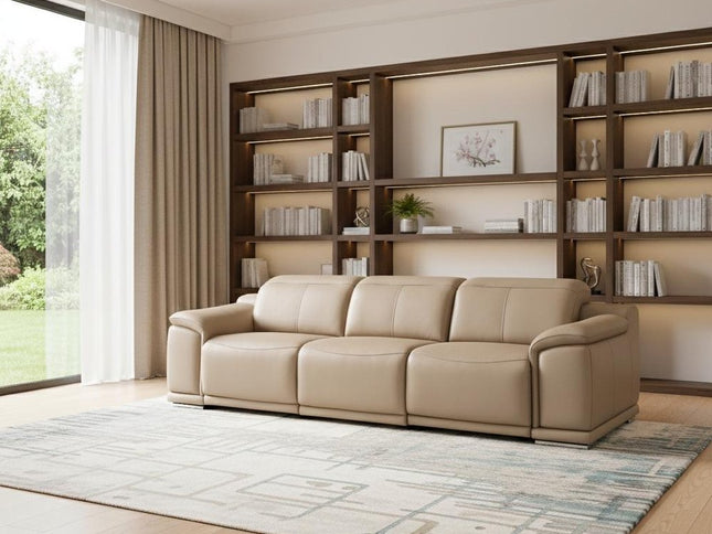 108" Beige Leather Reclining USB Sofa