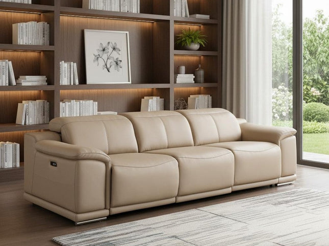 108" Beige Leather Reclining USB Sofa