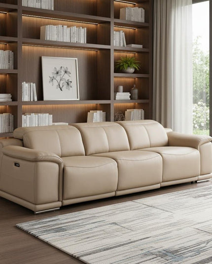 108" Beige Leather Reclining USB Sofa