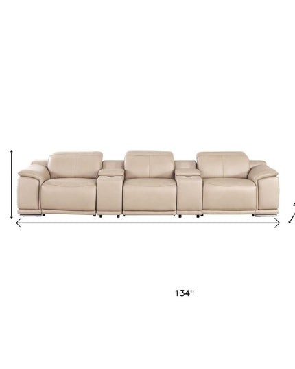 134" Beige Leather Reclining USB Sofa
