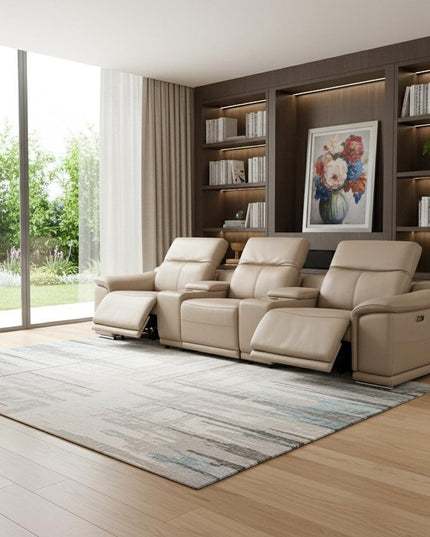 134" Beige Leather Reclining USB Sofa