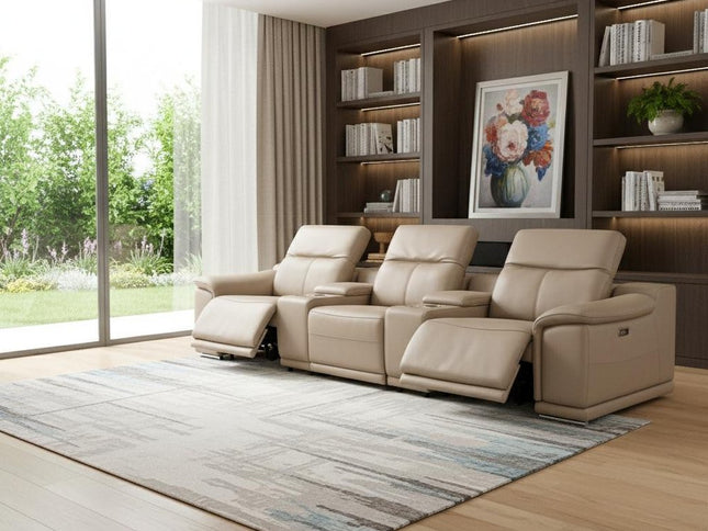 134" Beige Leather Reclining USB Sofa