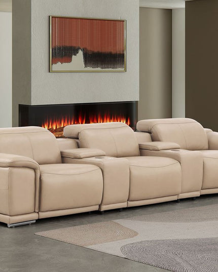 134" Beige Top Grain Leather Reclining USB Sofa And Storage