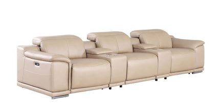 134" Beige Leather Reclining USB Sofa