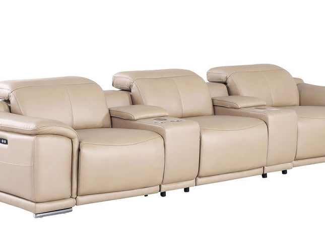 134" Beige Leather Reclining USB Sofa