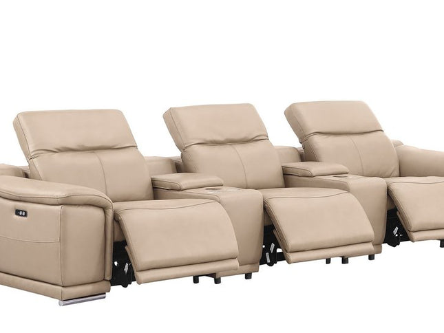134" Beige Leather Reclining USB Sofa