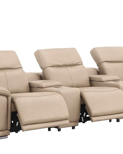 134" Beige Top Grain Leather Reclining USB Sofa And Storage
