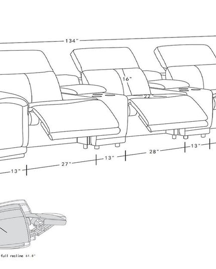 134" Beige Leather Reclining USB Sofa