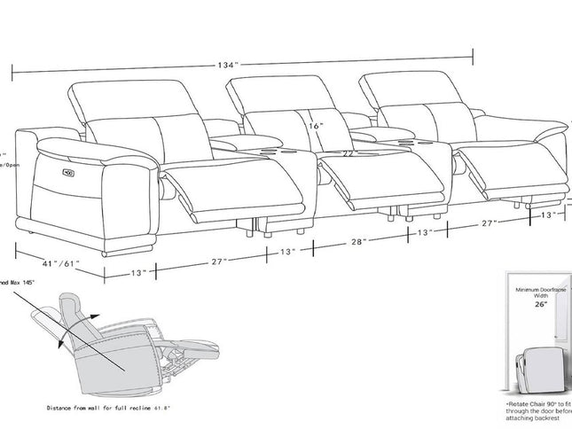 134" Beige Leather Reclining USB Sofa