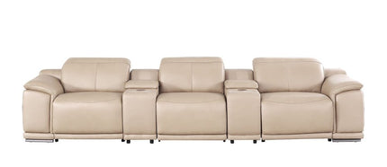 134" Beige Leather Reclining USB Sofa