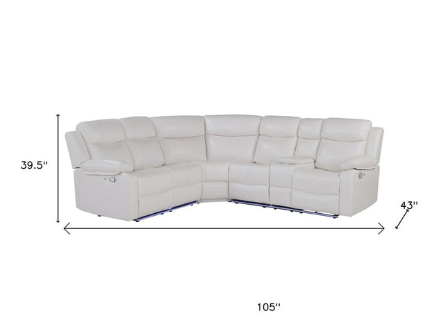 Off White Faux Leather Reclining Curved Six Piece Sectional With LED And Console