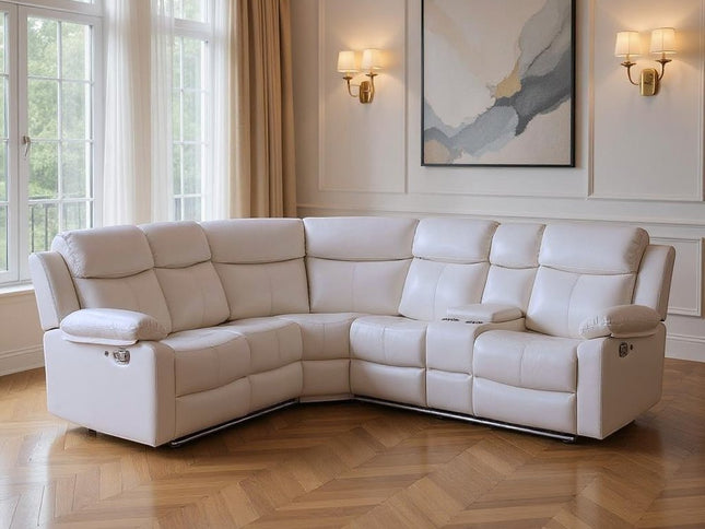 Off White Faux Leather Reclining Curved Six Piece Sectional With LED And Console